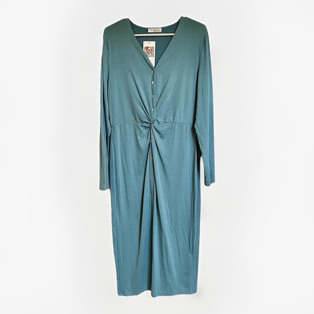 Kirundo Womens NWT Blue Knit Long Sleeve Button Front Twist Midi Dress Large‎